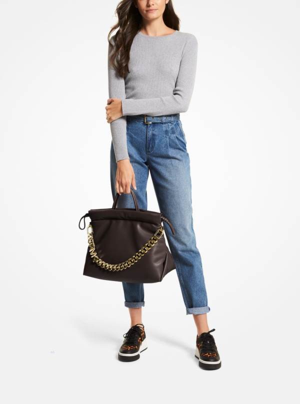 Damske Prenosná Taška Michael Kors Lina Medium Logo Faux Leather Čokoláda - Kabelky Michael Kors Sleva | UVXSY-5124